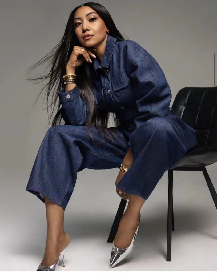 Fashion Loose High-Waist Denim Set, Long-Sleeve Jacket and Wide-Leg Pants
