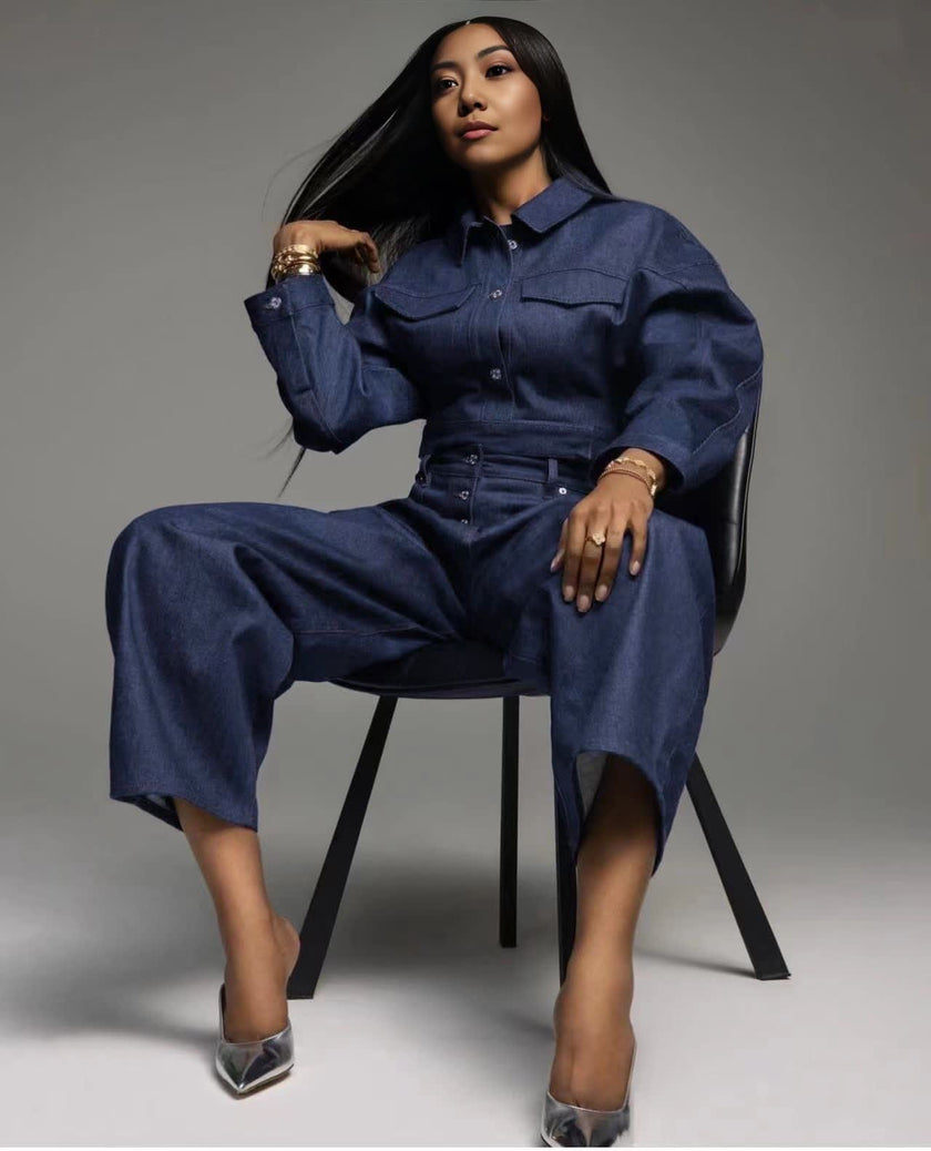 Fashion Loose High-Waist Denim Set, Long-Sleeve Jacket and Wide-Leg Pants