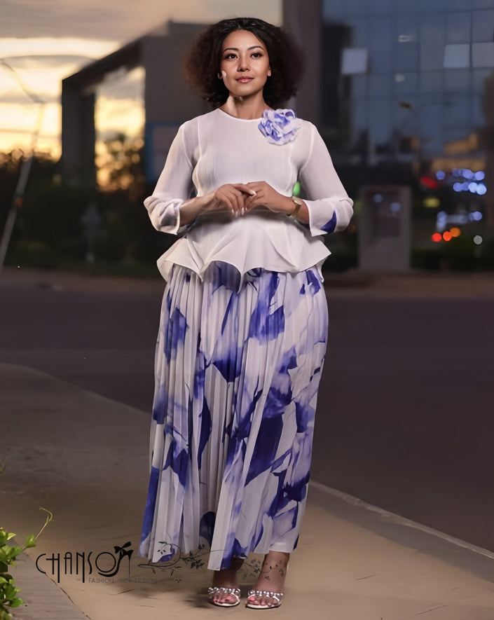 White peplum top and blue floral pleated midi skirt set with ruffled collar