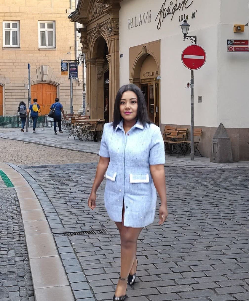 Women's Short Sleeve Collared Dress with Double Pocket Decoration