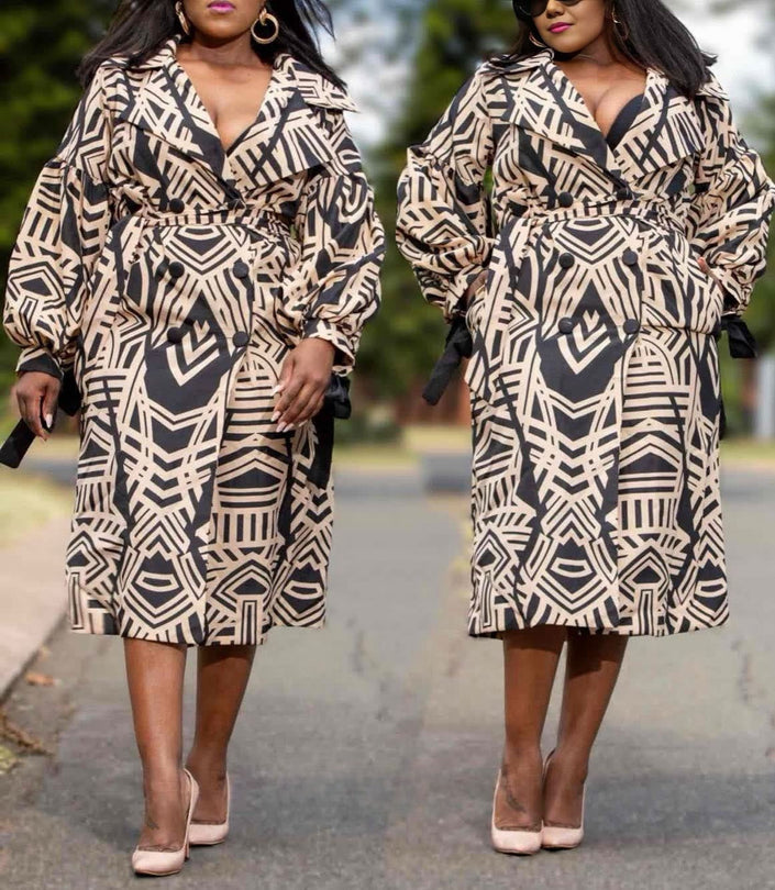 Geometric print loose-fit jacket coat with V-neck, long sleeves, button front, cream and black