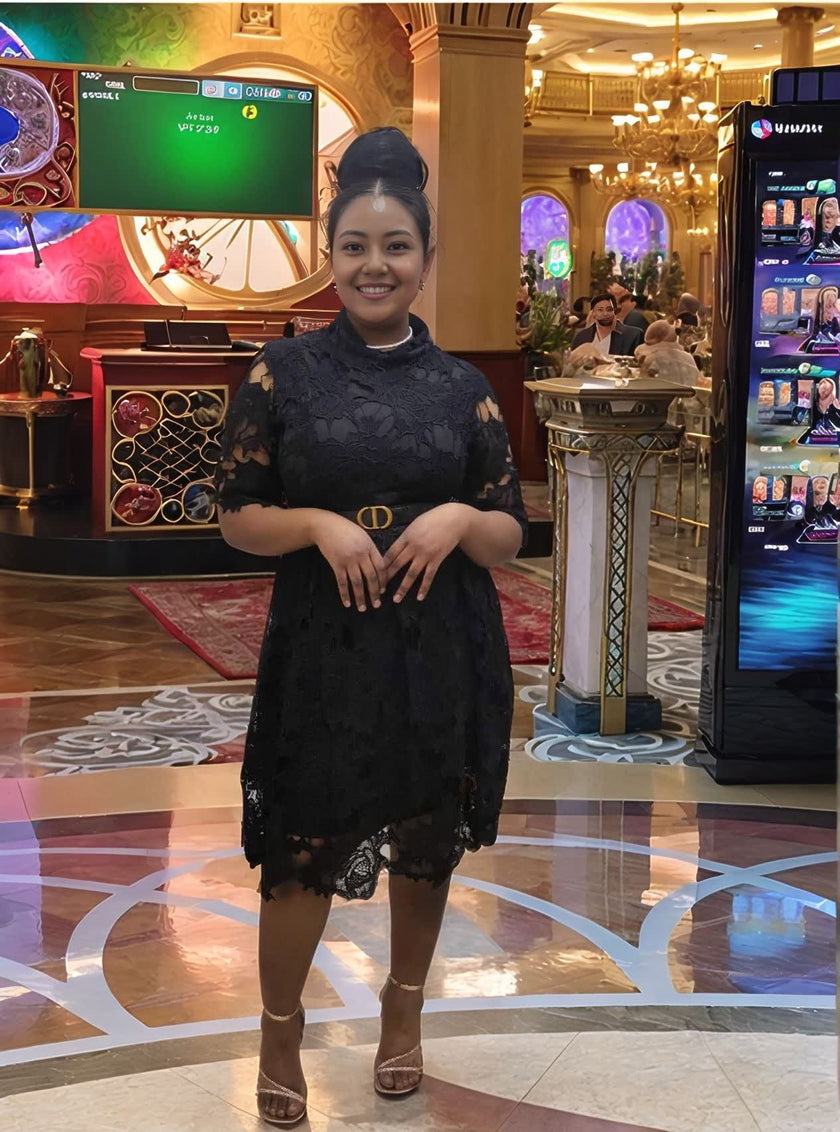 Lace Hollow-Out Short Sleeve Dress with Metal Buckle Waist Detail and Irregular Hemline