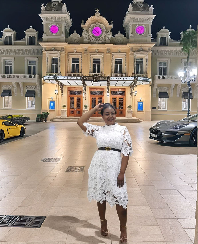 Lace Hollow-Out Short Sleeve Dress with Metal Buckle Waist Detail and Irregular Hemline