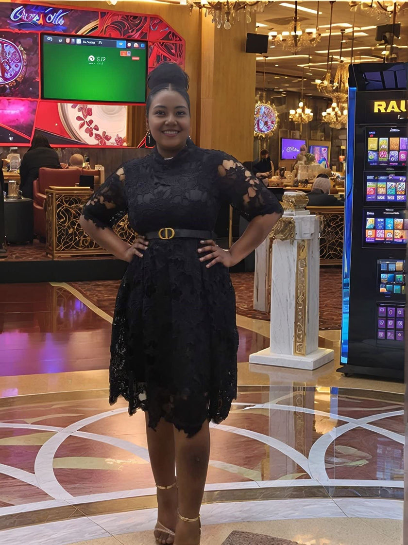 Lace Hollow-Out Short Sleeve Dress with Metal Buckle Waist Detail and Irregular Hemline