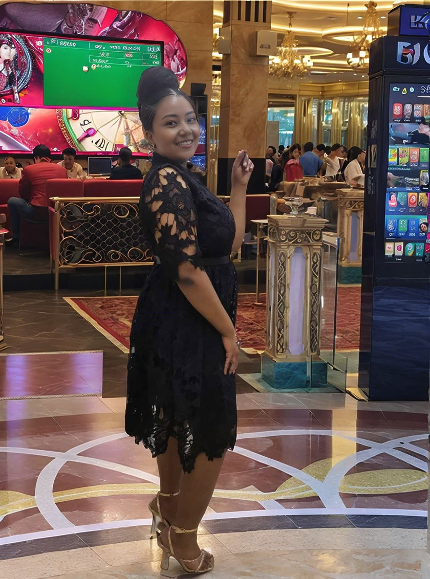 Lace Hollow-Out Short Sleeve Dress with Metal Buckle Waist Detail and Irregular Hemline