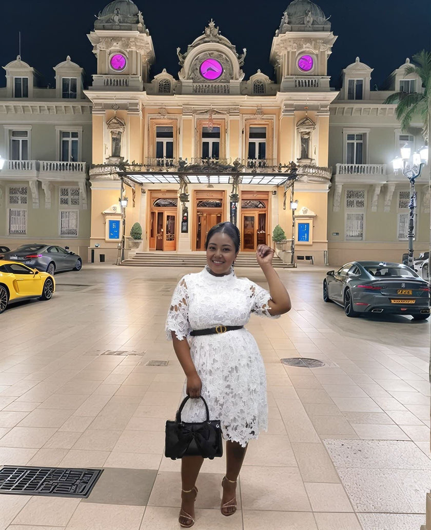 Lace Hollow-Out Short Sleeve Dress with Metal Buckle Waist Detail and Irregular Hemline