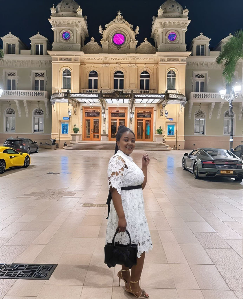 Lace Hollow-Out Short Sleeve Dress with Metal Buckle Waist Detail and Irregular Hemline