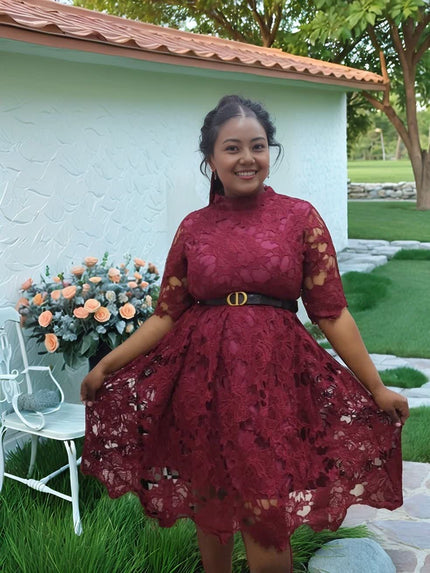 Maroon lace evening dress with belted waist and puff sleeves, knee-length