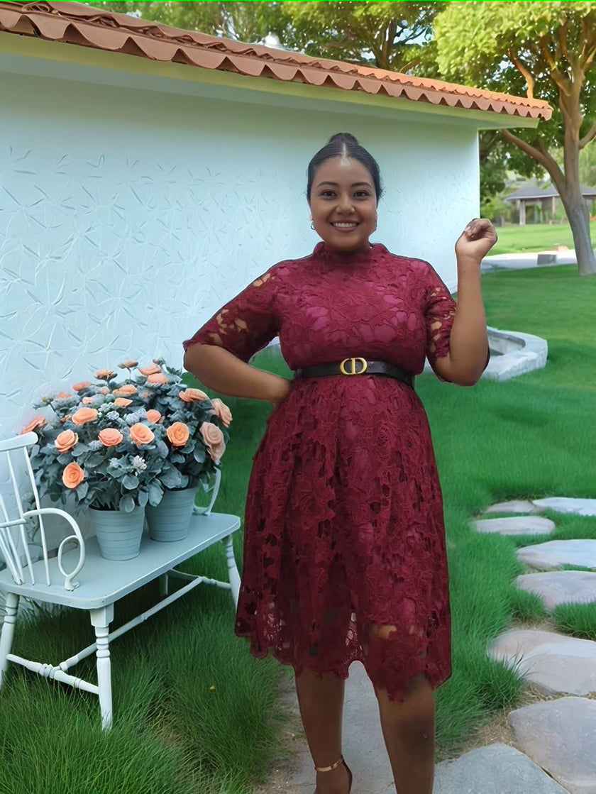 Lace Hollow-Out Short Sleeve Dress with Metal Buckle Waist Detail and Irregular Hemline