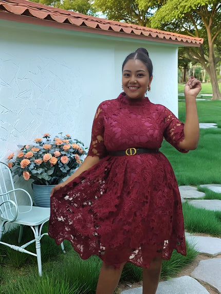 Maroon lace evening dress with belted waist and puff sleeves, knee-length