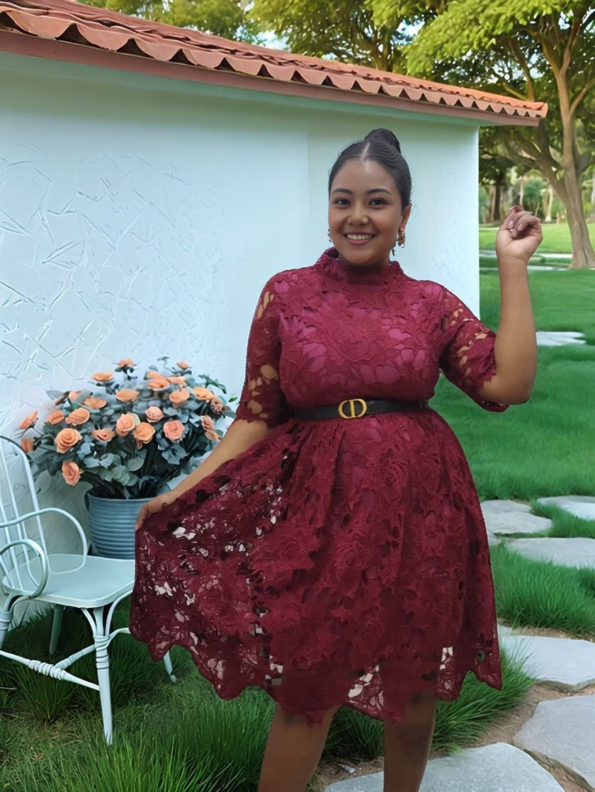 Lace Hollow-Out Short Sleeve Dress with Metal Buckle Waist Detail and Irregular Hemline