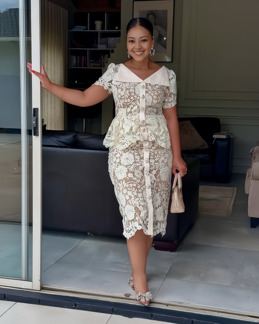 Short Sleeve V-Neck Lace Dress with Waist Belt and Sheer Floral Accents