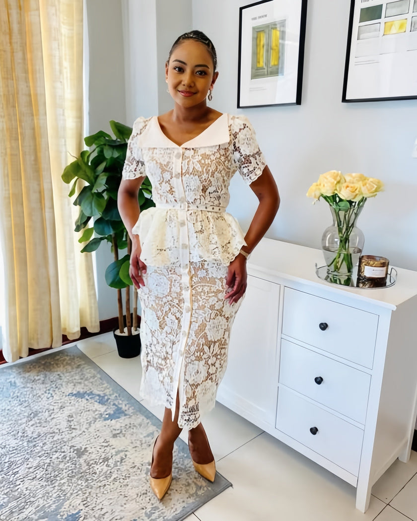 Short Sleeve V-Neck Lace Dress with Waist Belt and Sheer Floral Accents