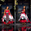Geometric print maxi dress in red, white, and black; full flared skirt, strappy bodice