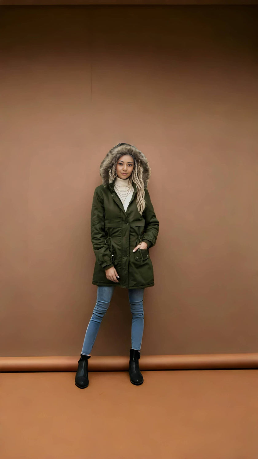 Coat Winter Hooded Fur Collar Drawstring Waist