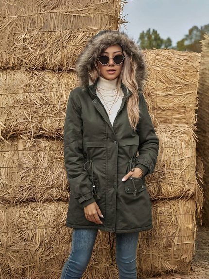 FashionPrice Winter Coat with Fur Collar Adjustable Waist