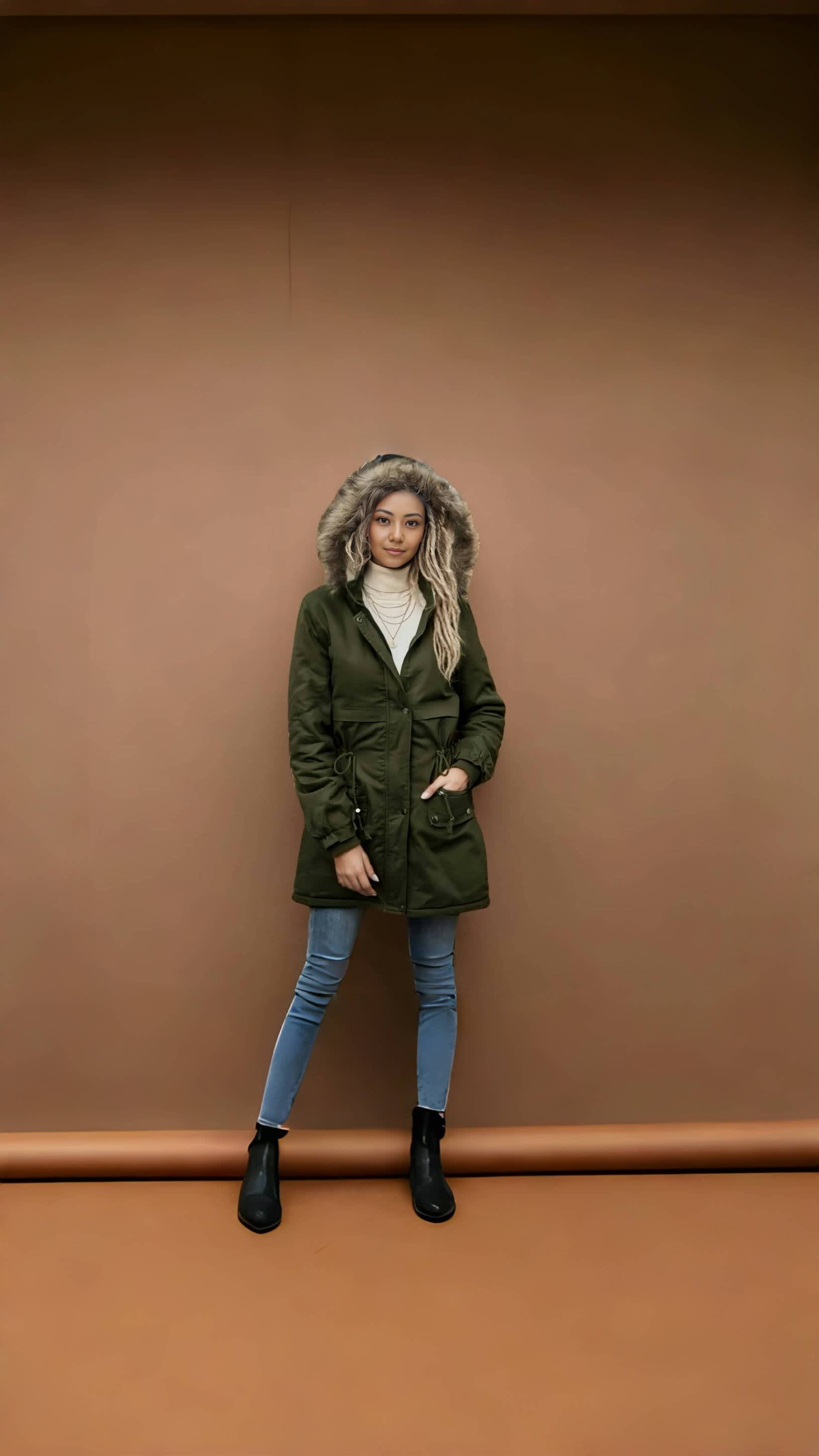 FashionPrice Winter Coat with Fur Collar Adjustable Waist