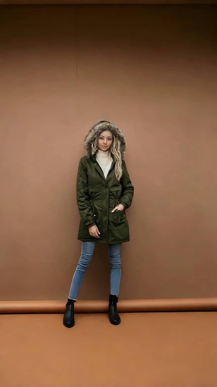 FashionPrice Winter Coat with Fur Collar Adjustable Waist