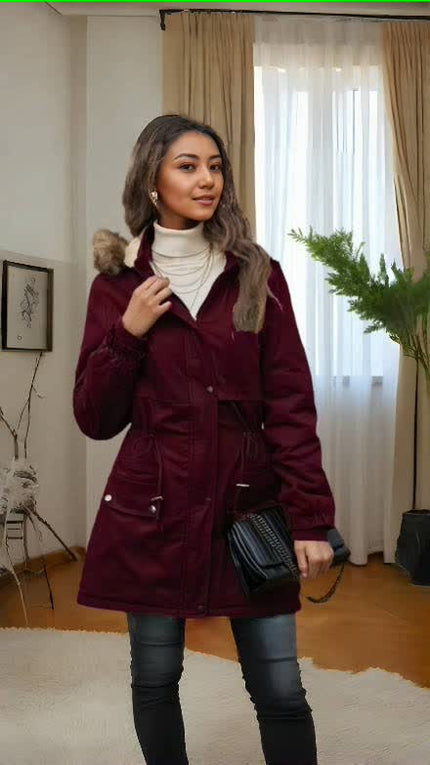 Maroon winter parka with faux fur hood, button front, adjustable waist, side pockets