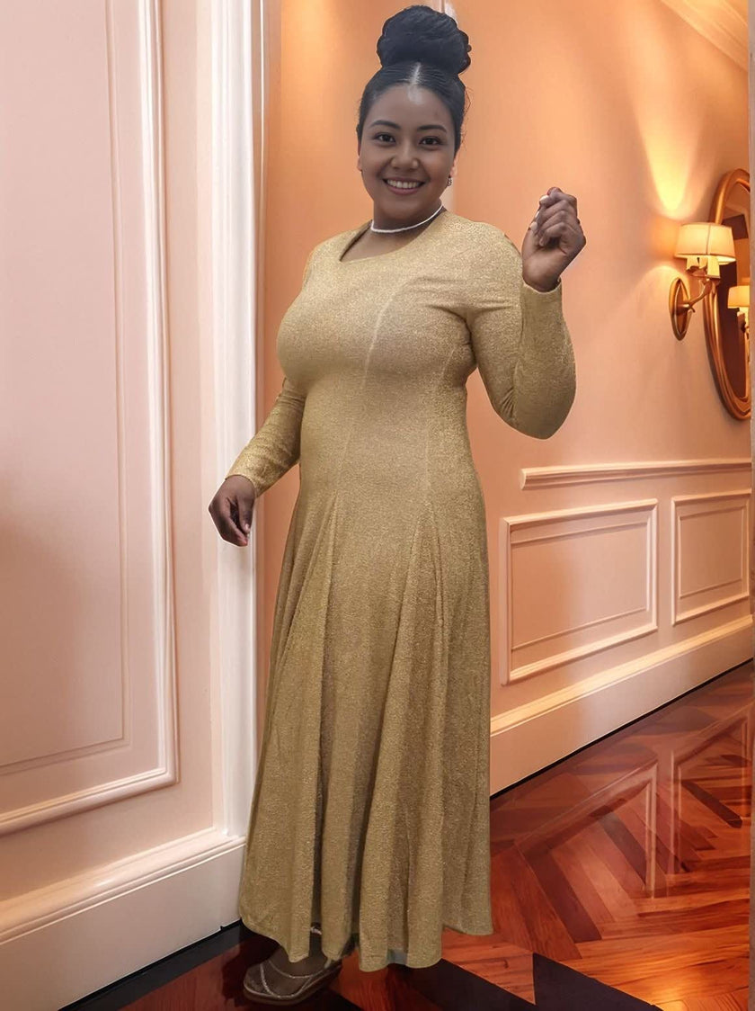 Elegant Long-Sleeve Gown Dress with Waist-Shaping Cut