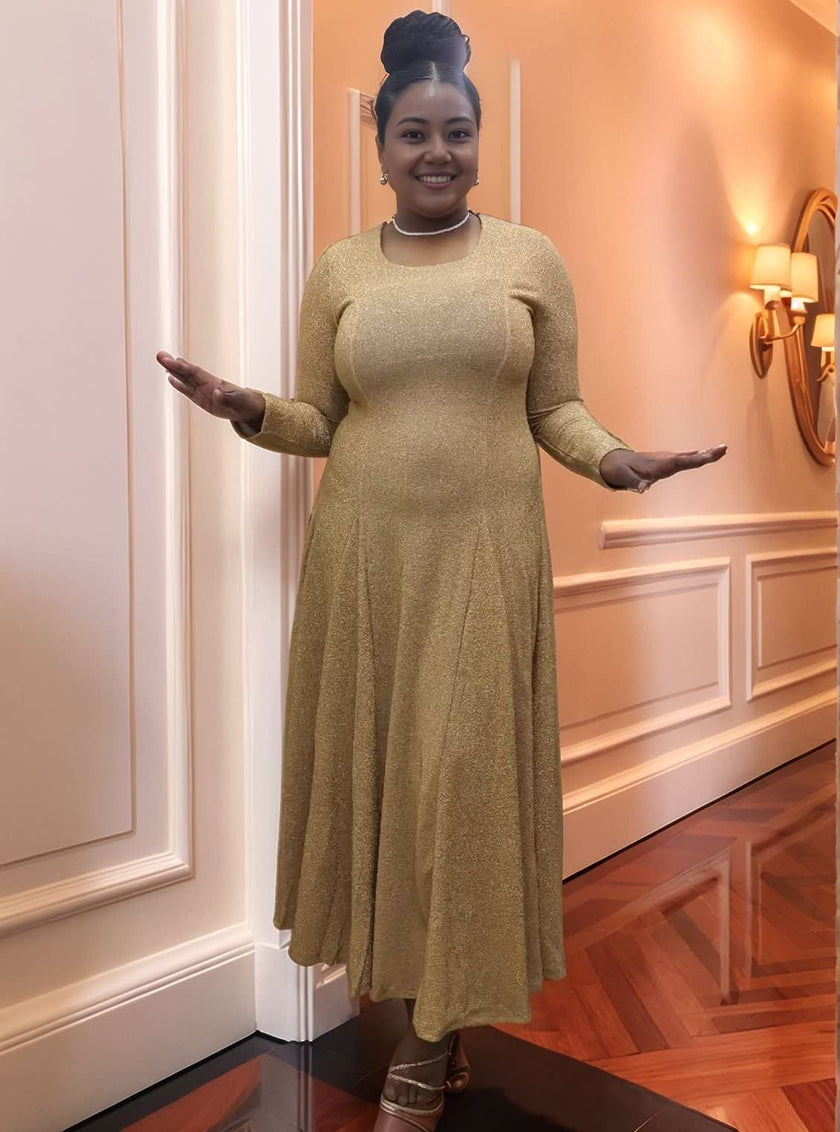 Elegant Long-Sleeve Gown Dress with Waist-Shaping Cut