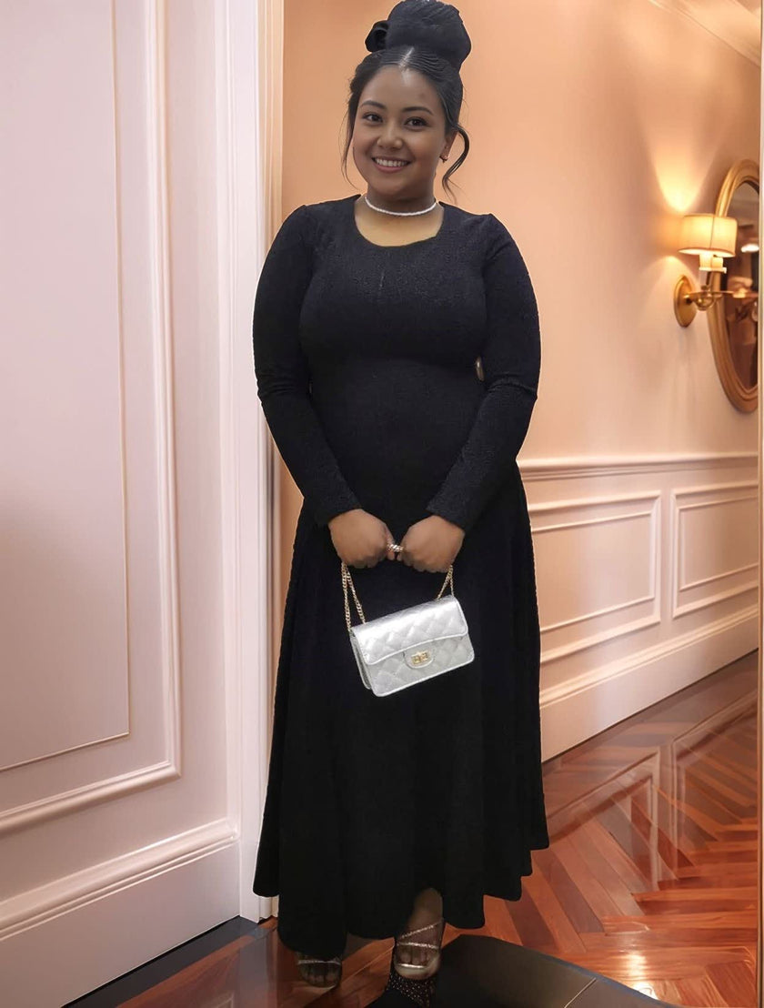 Elegant Long-Sleeve Gown Dress with Waist-Shaping Cut