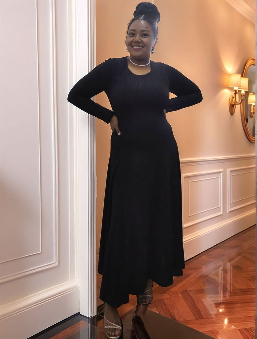 Elegant Long-Sleeve Gown Dress with Waist-Shaping Cut