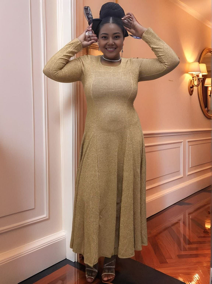 Elegant Long-Sleeve Gown Dress with Waist-Shaping Cut