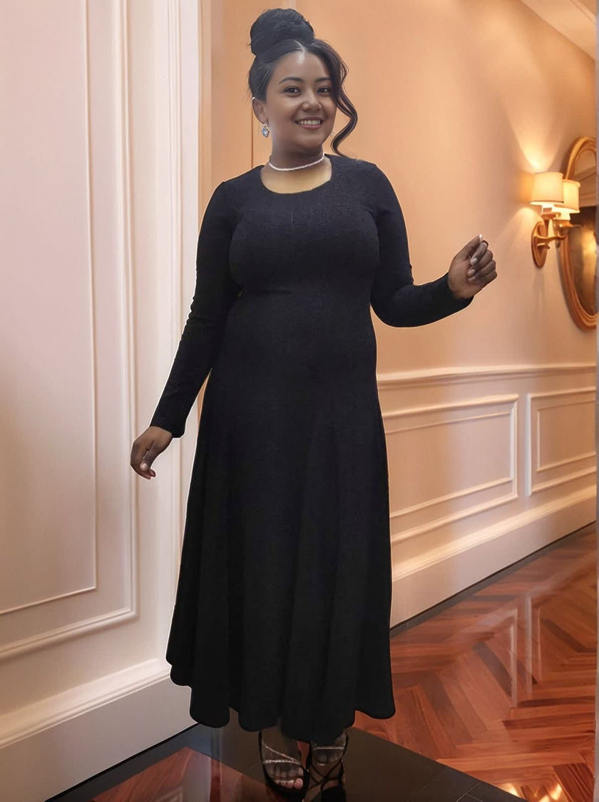 Elegant Long-Sleeve Gown Dress with Waist-Shaping Cut