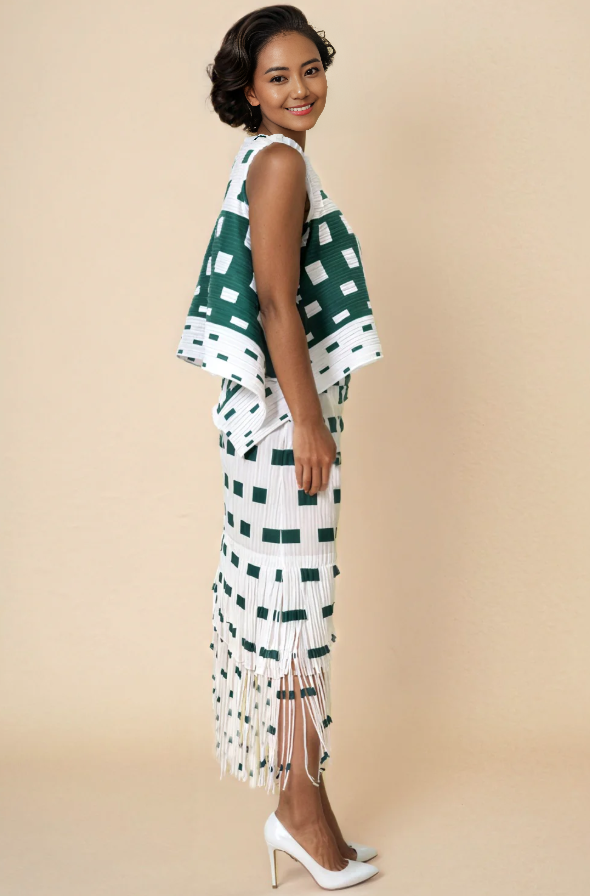 Geometric Pattern Sleeveless Top and Fringe Skirt Two-Piece Set - Layered Design