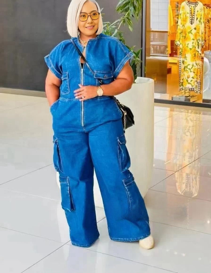 Denim Utility Jumpsuit with Short Sleeves