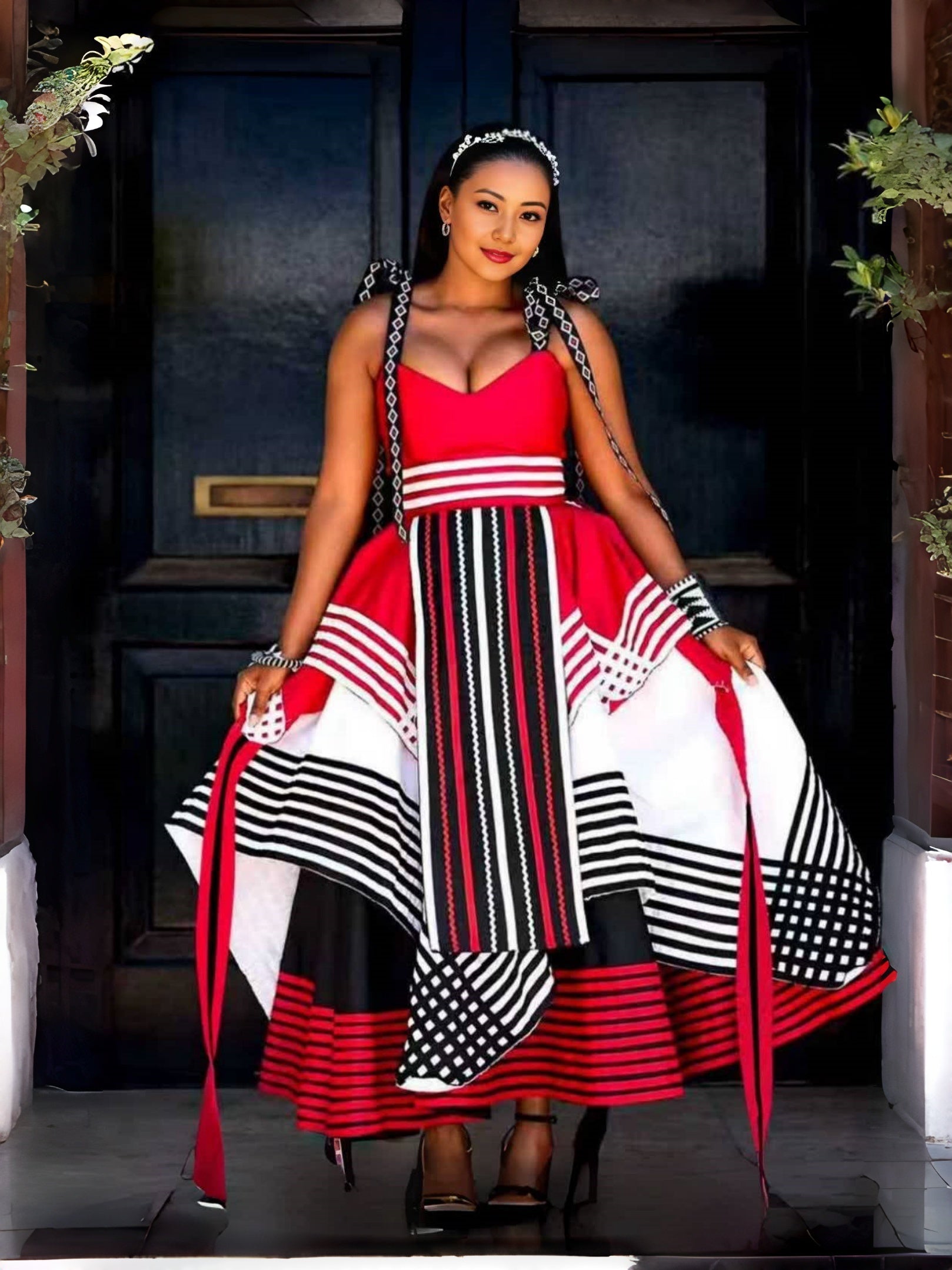 Red African maxi dress with geometric stripes panels, wide skirt, spaghetti straps
