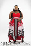 Sleeveless red and black geometric maxi dress with layered skirt panels and V neckline