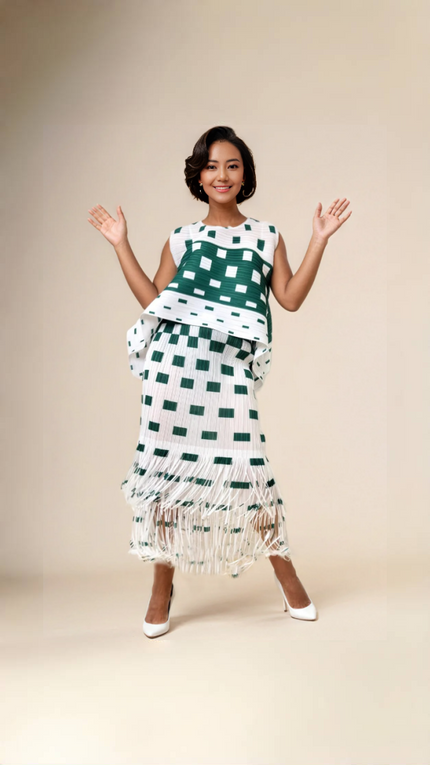 Green-and-white geometric fringe midi skirt with checker block pattern