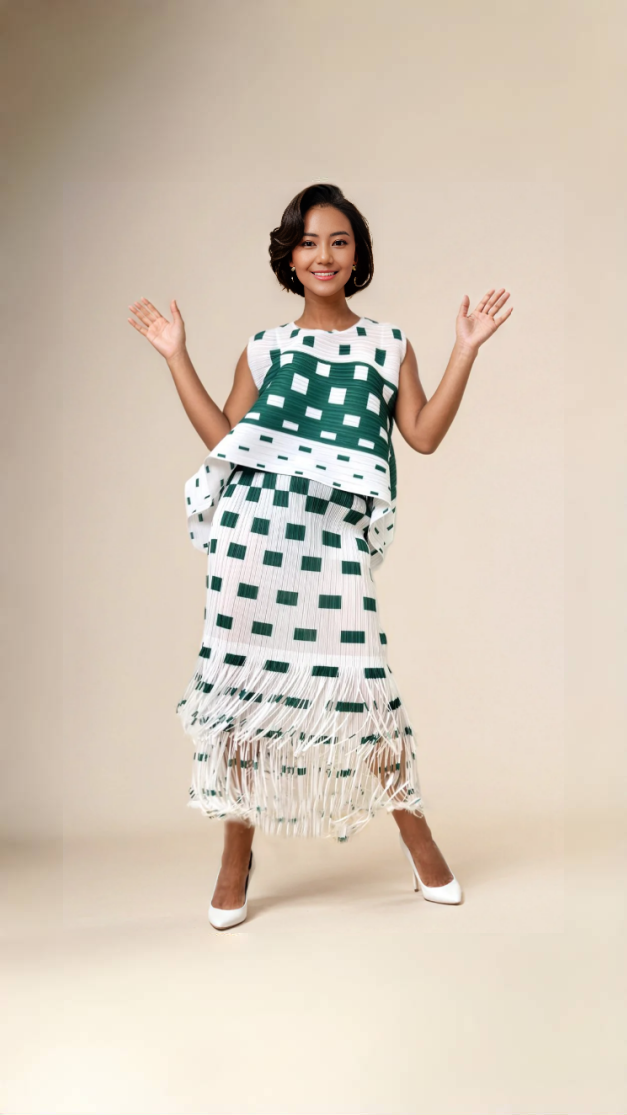Green-and-white geometric fringe midi skirt with checker block pattern