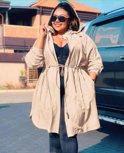 Lightweight adjustable trench coat, tan with drawstring waist and hood