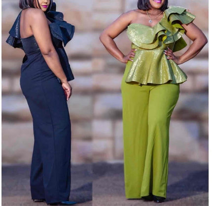 One-shoulder ruffle jumpsuit in yellow-green with layered peplum and wide-leg pants.