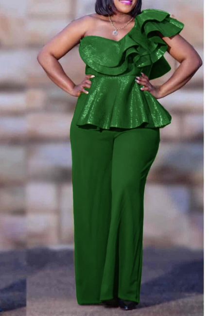One-shoulder ruffle jumpsuit, dark green wide-leg trousers with layered shoulder peplum.