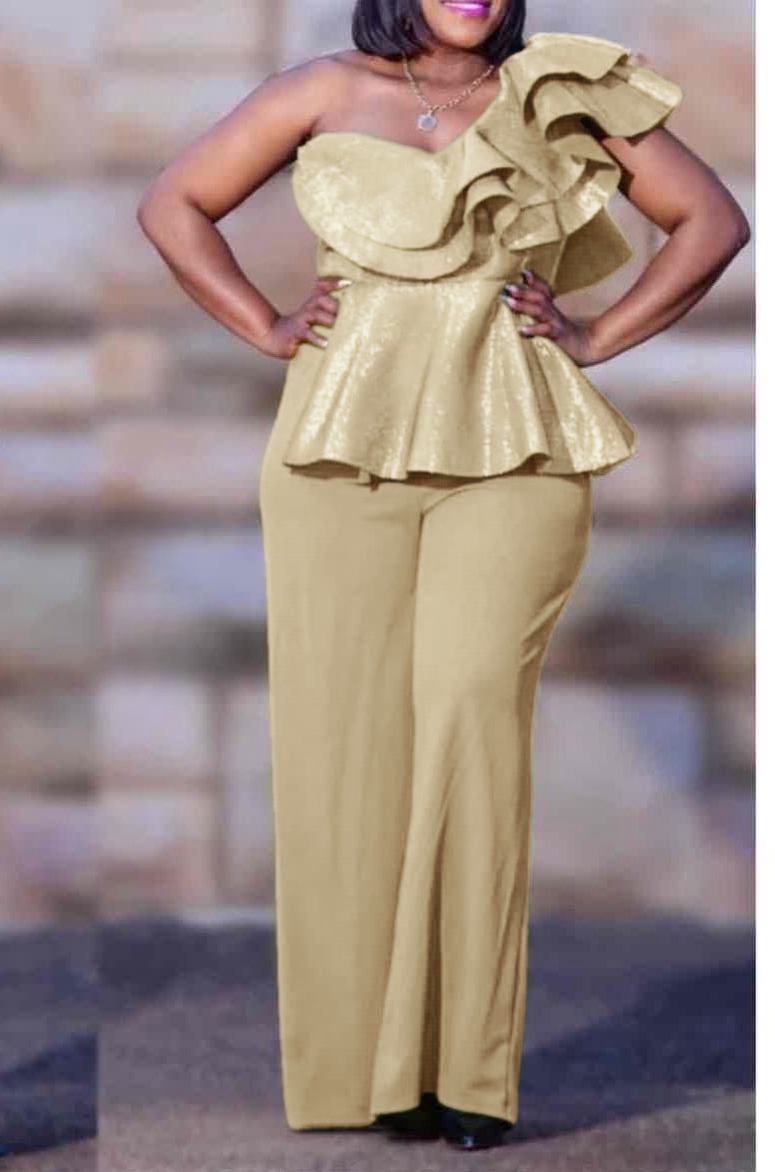 Asymmetrical Ruffle Detail Jumpsuit with Flared Legs