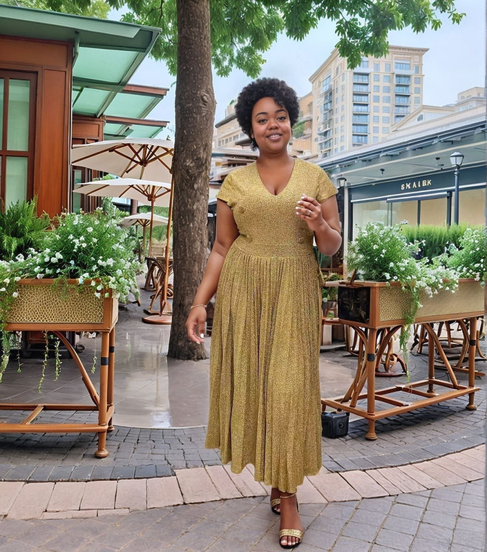 Pleated midi dress with high waist, short sleeves, V-neck, gold fabric