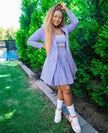 Light-purple blazer and pleated skirt twin set with crop top