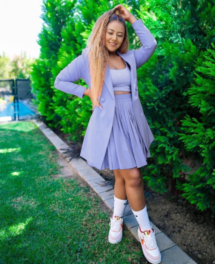 Light-purple blazer and pleated skirt twin set with crop top