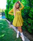 Green-yellow blazer and pleated skirt twin set with crop top