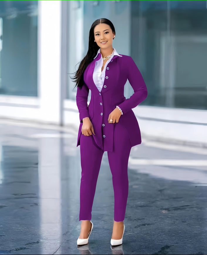Purple slim fit blazer and trouser set, single-breasted buttons, tailored pants