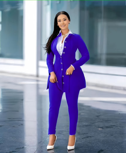 Blue slim fit blazer and trouser set, single-breasted buttons, tailored pants