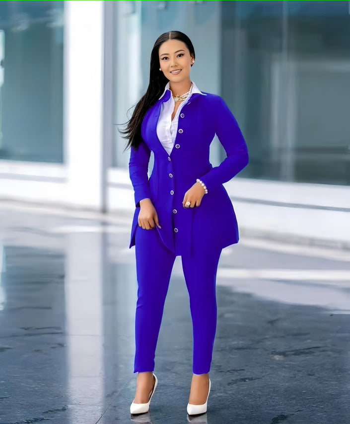 Blue slim fit blazer and trouser set, single-breasted buttons, tailored pants