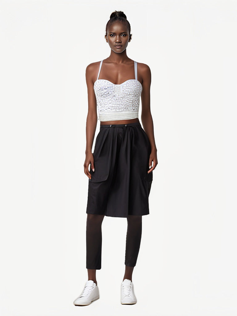 Embellished Sweetheart Bustier Top with Floral Appliqués and Pearl Draping