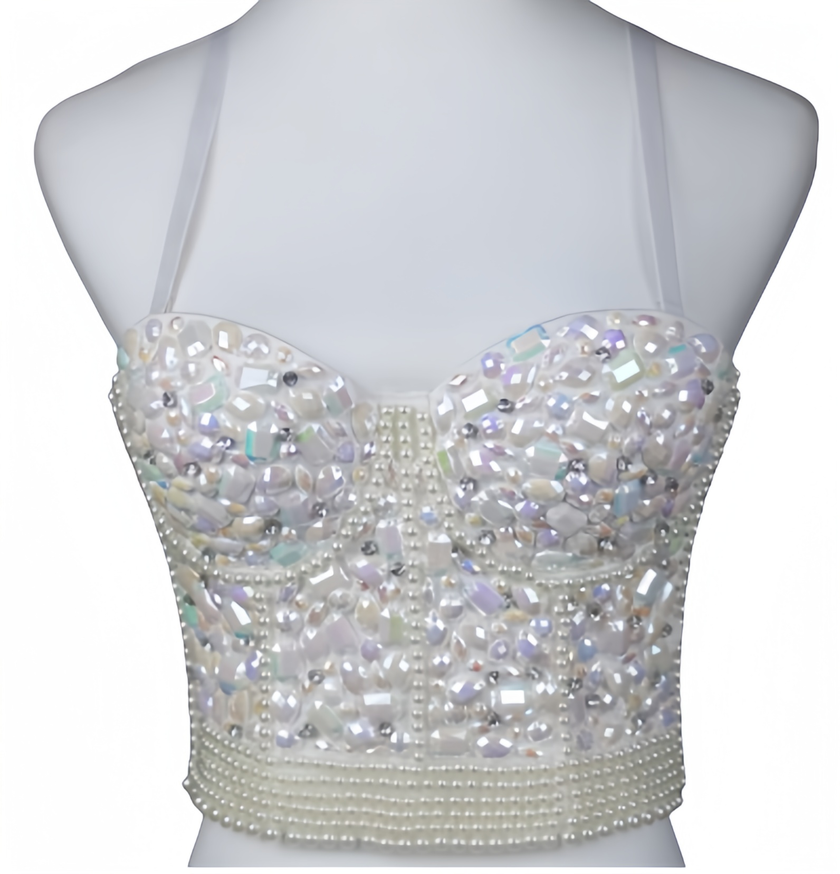 Embellished Sweetheart Bustier Top with Floral Appliqués and Pearl Draping