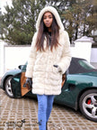 Cream hooded faux-fur coat with full-length zipper and soft padded sleeves