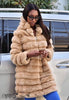Nude hooded faux-fur coat with full zipper front and thick pillowy cuffs